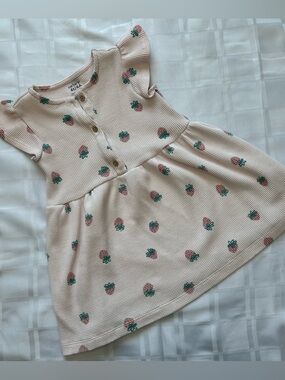 3 for $20 🐣 Girl's Pink Strawberry Print Waffle Knit Short Sleeve Dress